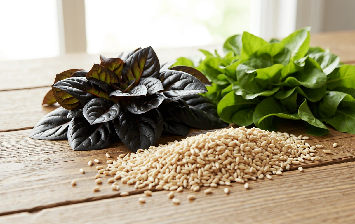 Frisches Gemüse und Vollkornprodukte auf einem Holztisch